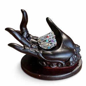 Wide Silvertone Multicolor Crystal Cocktail Ring